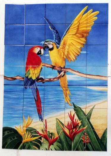 Peinture intitulée "Papagaios pintados…" par Azulejo Artístico, Œuvre d'art originale, Pigments