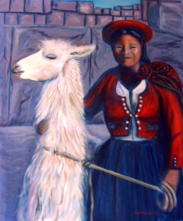 Pintura titulada "LA LLAMA Y SU AMA" por Mary Carmen Diez Colorado, Obra de arte original