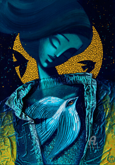 Malerei mit dem Titel "Blue bird" von Azyza, Original-Kunstwerk, Acryl