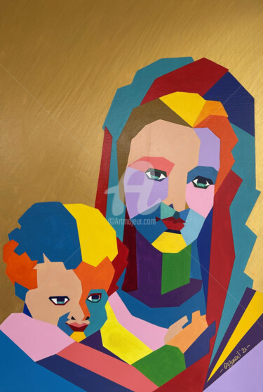 Painting titled "Madonna Madre e fig…" by Azzumail, Original Artwork, Acrylic Mounted on Wood Stretcher frame