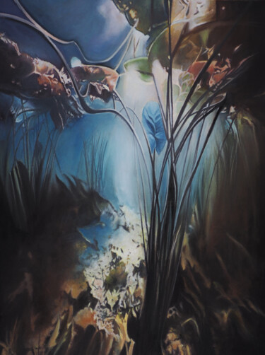 Peinture intitulée "Le jardin sous la m…" par B. Alexis, Œuvre d'art originale, Huile