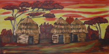 Painting titled "Huttes africaines" by Chrystèle Bloyet, Original Artwork, Acrylic
