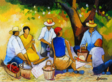 Картина под названием "Le déjeuner sur l'…" - Bernard Lamonerie, Подлинное произведение искусства, Масло Установлен на Дерев…