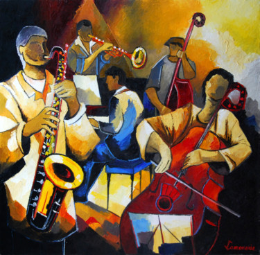 Painting titled "Jazz 9" by Bernard Lamonerie, Original Artwork, Oil Mounted on Wood Stretcher frame