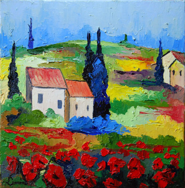 Painting titled "Les coquelicots" by Bernard Lamonerie, Original Artwork, Oil Mounted on Wood Stretcher frame