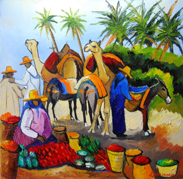 Peinture intitulée "Marché marocain n°12" par Bernard Lamonerie, Œuvre d'art originale, Huile Monté sur Châssis en bois