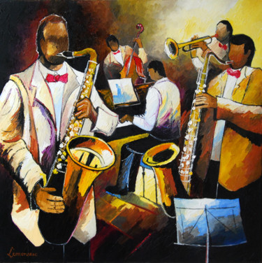 Painting titled "Jazz n°35" by Bernard Lamonerie, Original Artwork, Oil Mounted on Wood Stretcher frame