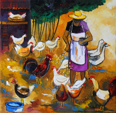 Malerei mit dem Titel "Les poules de mamie" von Bernard Lamonerie, Original-Kunstwerk, Öl Auf Keilrahmen aus Holz montiert
