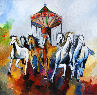 Painting titled "Echappés du manège" by Bernard Lamonerie, Original Artwork, Oil Mounted on Wood Stretcher frame