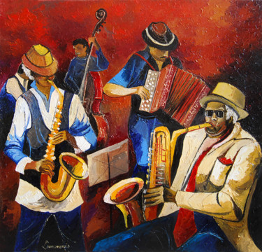 Painting titled "jazz n°39" by Bernard Lamonerie, Original Artwork, Oil Mounted on Wood Stretcher frame