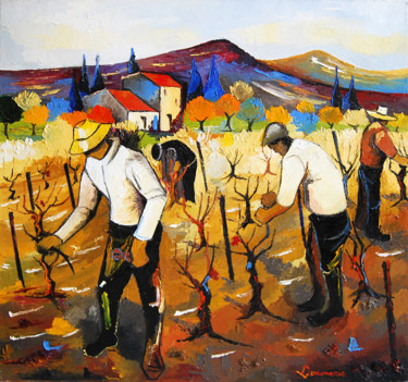 Peinture intitulée "le vignoble en auto…" par Bernard Lamonerie, Œuvre d'art originale, Huile Monté sur Châssis en bois