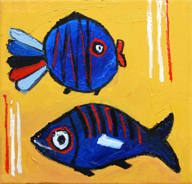 Painting titled "Poissons 1" by Bernard Lamonerie, Original Artwork, Oil Mounted on Wood Stretcher frame