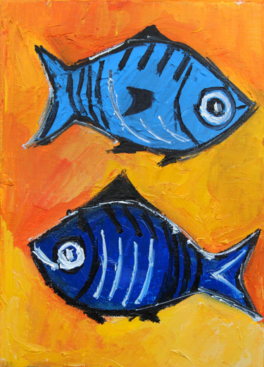 Painting titled "Poissons 2" by Bernard Lamonerie, Original Artwork, Oil Mounted on Wood Stretcher frame