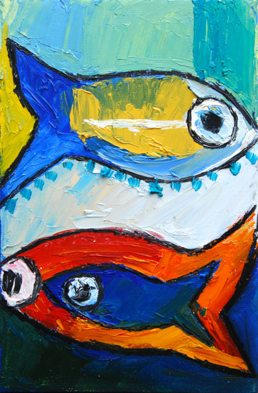 Painting titled "Poissons 6" by Bernard Lamonerie, Original Artwork, Oil Mounted on Wood Stretcher frame