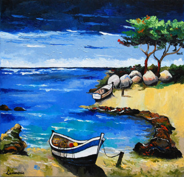 Painting titled "la crique" by Bernard Lamonerie, Original Artwork, Oil Mounted on Wood Stretcher frame