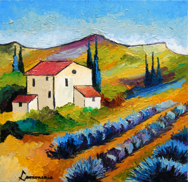 Painting titled "lavande à Crest" by Bernard Lamonerie, Original Artwork, Oil Mounted on Wood Stretcher frame