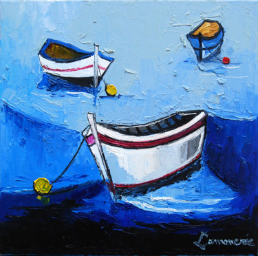 Painting titled "les barques" by Bernard Lamonerie, Original Artwork, Oil Mounted on Wood Stretcher frame