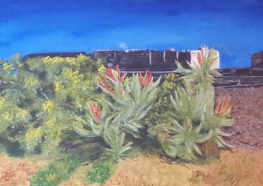 Painting titled "Aloe Train" by B R, Original Artwork, Oil Mounted on Wood Stretcher frame