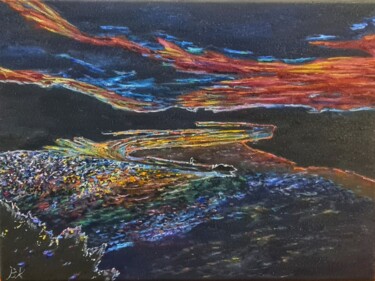 Painting titled "Kowie River Night S…" by B R, Original Artwork, Oil Mounted on Wood Stretcher frame