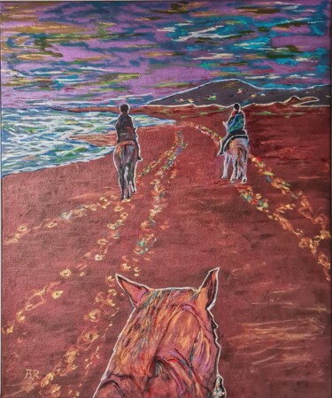 Painting titled "Riders in the Dawn" by B R, Original Artwork, Oil Mounted on Wood Stretcher frame