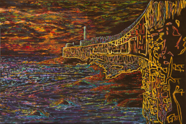Painting titled "The Pier" by B R, Original Artwork, Oil Mounted on Wood Stretcher frame