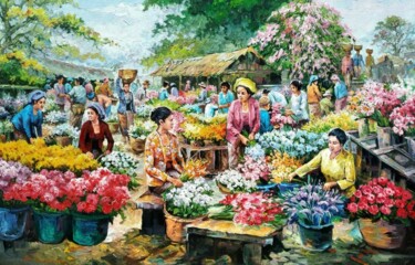 Painting titled "Flower Market" by B. Santoso, Original Artwork, Acrylic