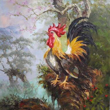 Painting titled "Crowing Rooster" by B. Santoso, Original Artwork, Oil