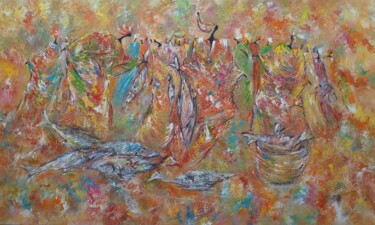 Картина под названием "Bonne pêche" - Babacar Niang, Подлинное произведение искусства, Акрил Установлен на Деревянная рама д…