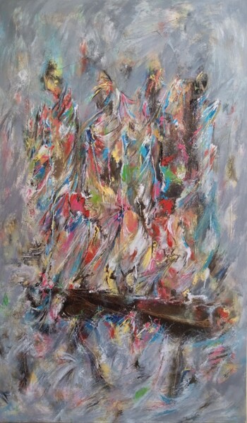 Painting titled "Rescapés" by Babacar Niang, Original Artwork, Acrylic Mounted on Wood Stretcher frame