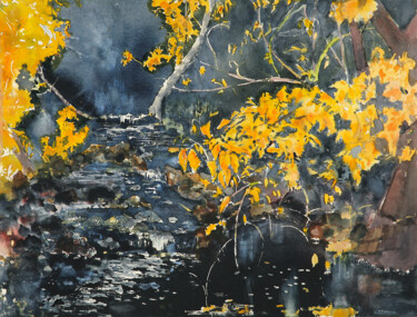 golden leafs Painting titled "golden leafs" by Babett Landsberger, Original Art, Watercolor
