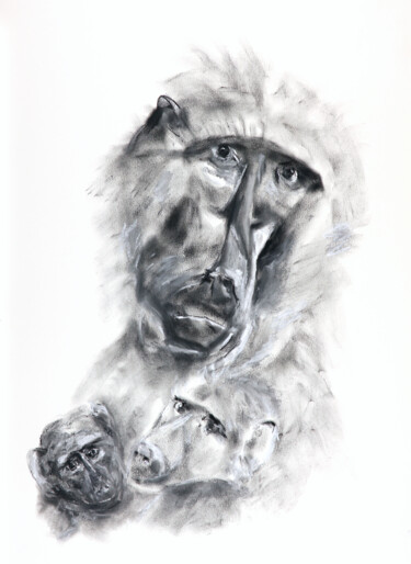 Desenho intitulada "steppe baboon family" por Babett Landsberger, Obras de arte originais, Pastel