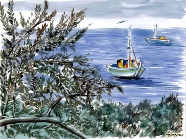 Painting titled "Boat and olives" by Koiliar Is, Original Artwork, Oil