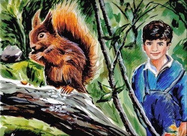 Painting titled "The Boy and the squ…" by Koiliar Is, Original Artwork, Oil