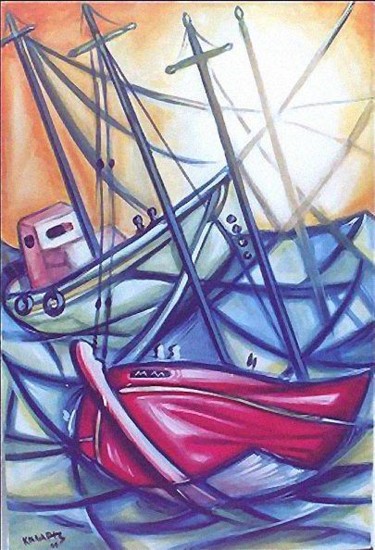Painting titled "Boat blue" by Koiliar Is, Original Artwork, Oil