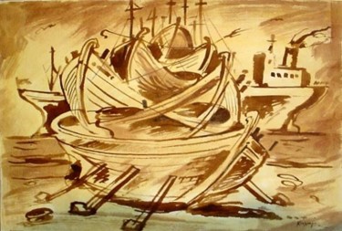 Drawing titled "sepiaBoat3" by Koiliar Is, Original Artwork