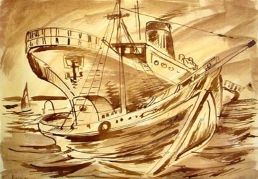 Drawing titled "sepiaBoat4" by Koiliar Is, Original Artwork