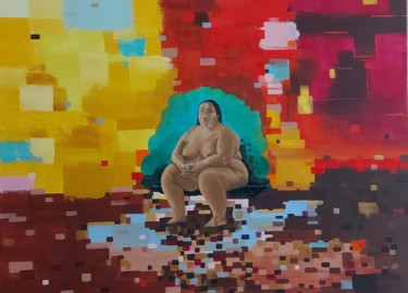 Schilderij getiteld "While waiting" door Bacchante, Origineel Kunstwerk, Olie Gemonteerd op Houten paneel