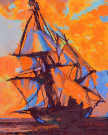 Digitale Kunst getiteld "A masted sailing sh…" door Bachir Reddioui, Origineel Kunstwerk, Digitaal Schilderwerk