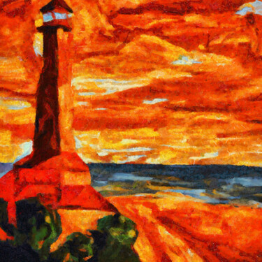 Arts numériques intitulée "Lighthouse at sunset" par Bachir Reddioui, Œuvre d'art originale, Peinture numérique