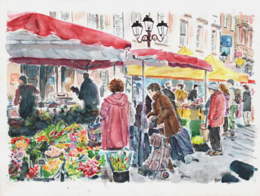 Peinture intitulée "Marché aux fleurs M…" par Baf, Œuvre d'art originale, Aquarelle