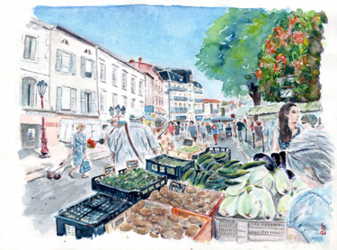 Schilderij getiteld "Le marché de Mazamet" door Baf, Origineel Kunstwerk, Aquarel