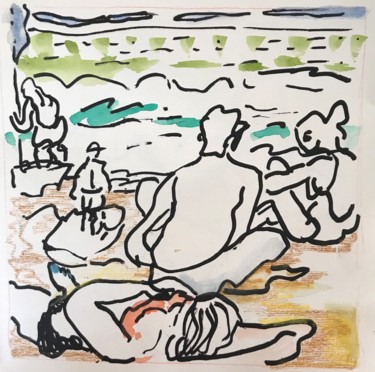 Desenho intitulada "Au bord de la mer 3" por Françoise Bagnéres, Obras de arte originais, Marcador Montado em Outro painel r…