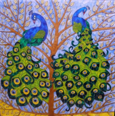 Painting titled "peacocks-glass" by Bagyra, Original Artwork