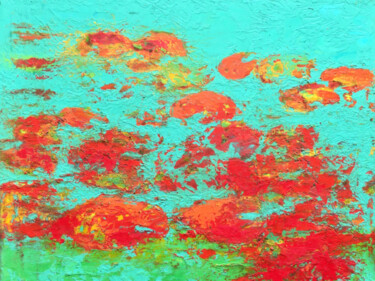 Painting titled "Red water lilies" by Bahram Berj Kafai, Original Artwork, Oil Mounted on Wood Stretcher frame