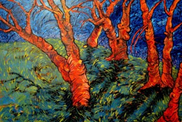 Painting titled "Olive Trees" by Bahram Berj Kafai, Original Artwork, Oil Mounted on Wood Stretcher frame