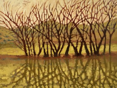 Painting titled "Upper Lake" by Bahram Berj Kafai, Original Artwork, Oil Mounted on Wood Stretcher frame