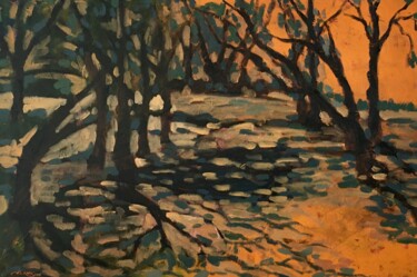 Painting titled "Cachuma Lake Sunset" by Bahram Berj Kafai, Original Artwork, Oil Mounted on Wood Stretcher frame