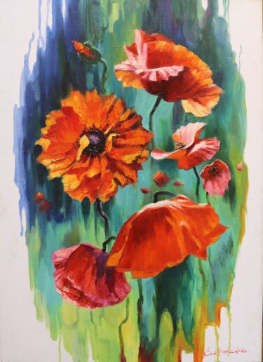 Painting titled "Poppies" by Baiba Limane, Original Artwork, Oil