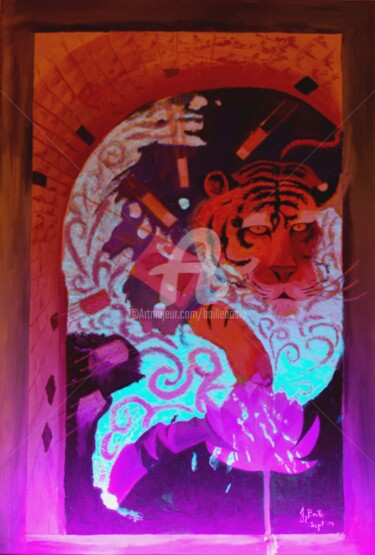Peinture intitulée ""Tigre et Lotus"" par Jez Bb, Œuvre d'art originale, Huile Monté sur Châssis en bois