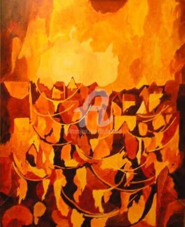 Peinture intitulée ""Les zébus rentrent…" par Jez Bb, Œuvre d'art originale, Huile Monté sur Châssis en bois